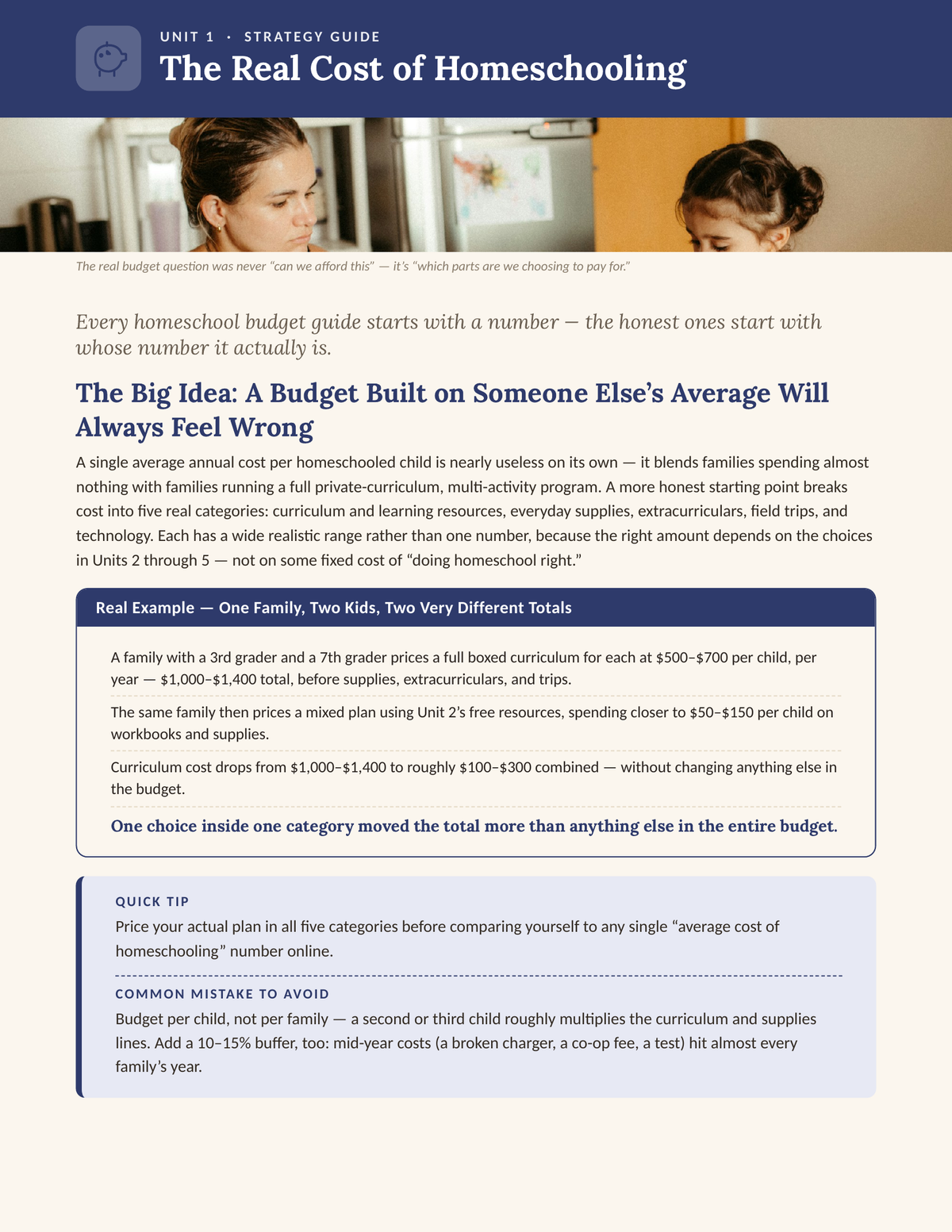 The Homeschool Budget Blueprint — Unit 1: The Real Cost of Homeschooling, strategy guide with real numbers and examples