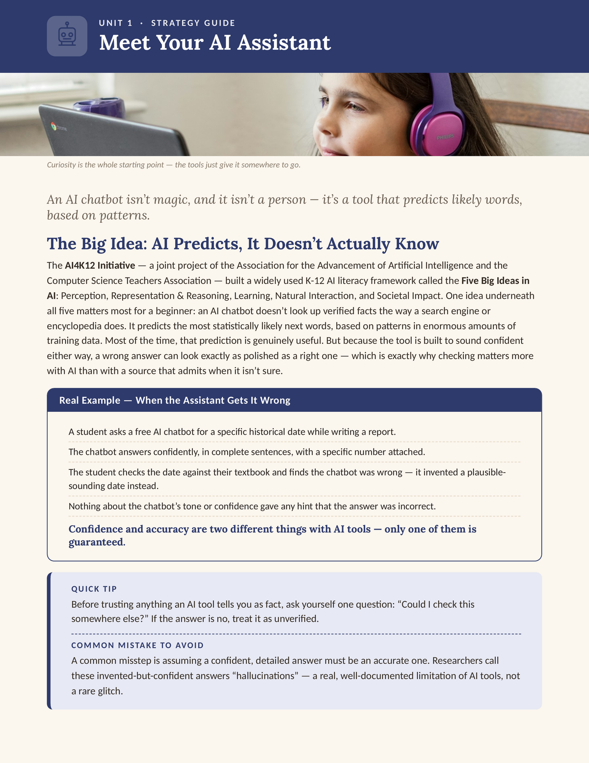 AI Skills for Young Entrepreneurs — Unit 1: Meet Your AI Assistant, strategy guide with AI4K12 framework and real example