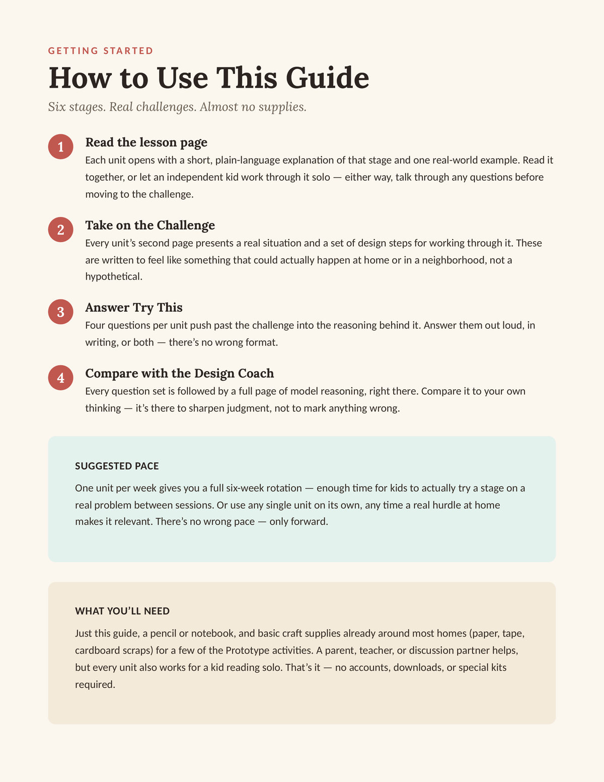 How to Use This Guide — six stages, real challenges, almost no supplies