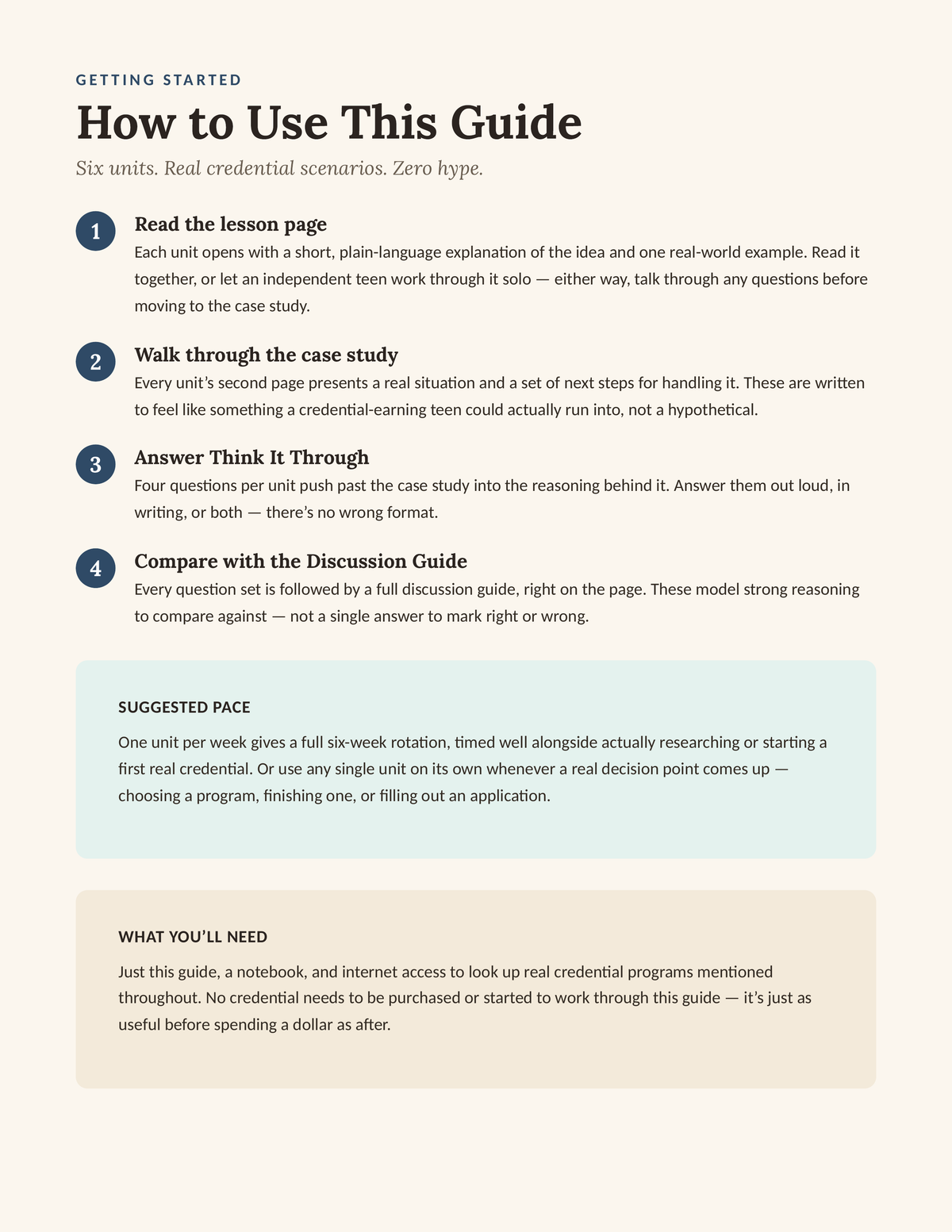 How to Use This Guide — six units, real credential scenarios, zero hype