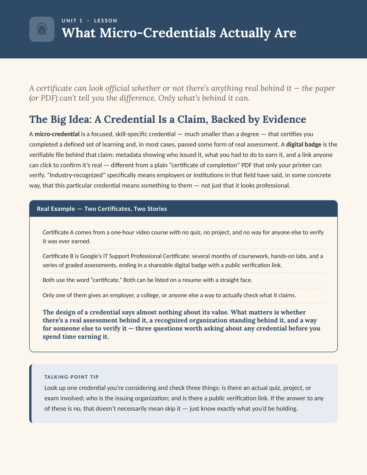 Sample lesson — Unit 1: What Micro-Credentials Actually Are