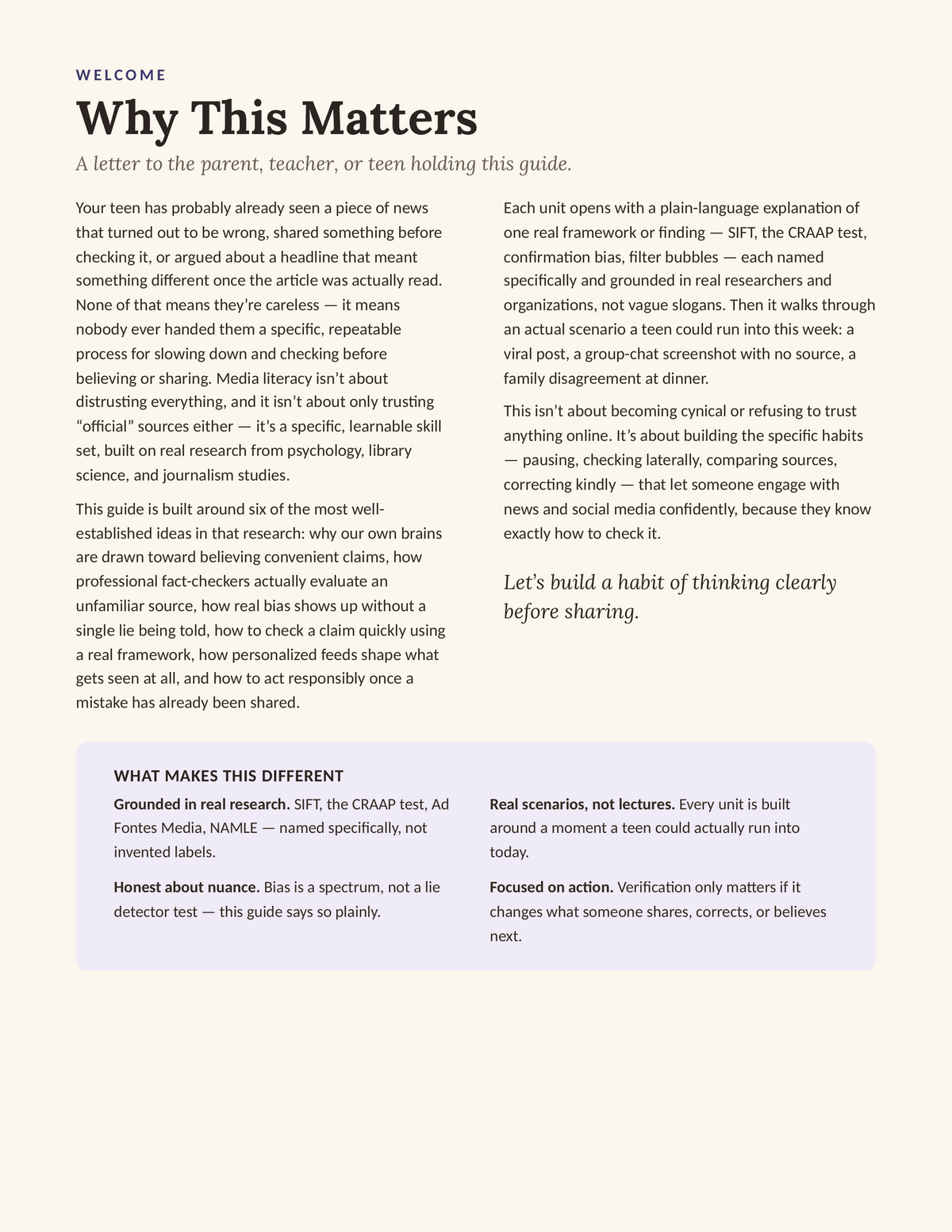 Critical Thinking Through News Analysis — Why This Matters, welcome letter about media literacy and real research
