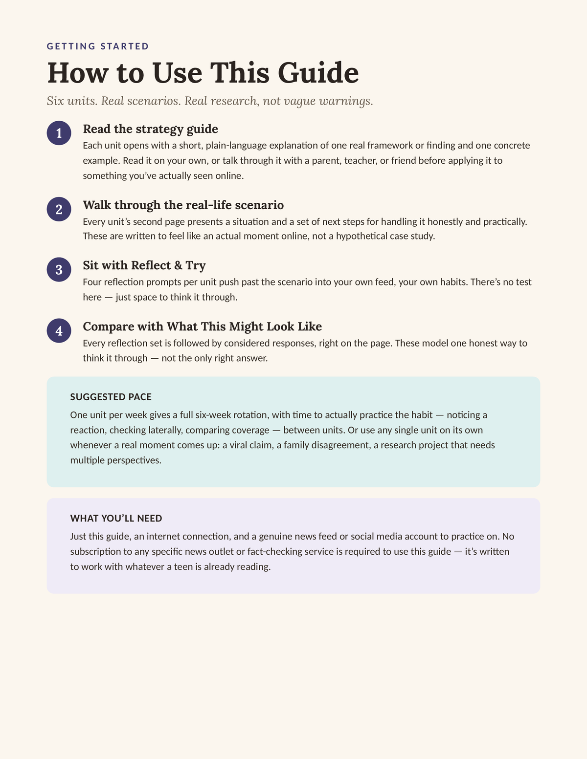 Critical Thinking Through News Analysis — How to Use This Guide, 4-step instructions with suggested pace