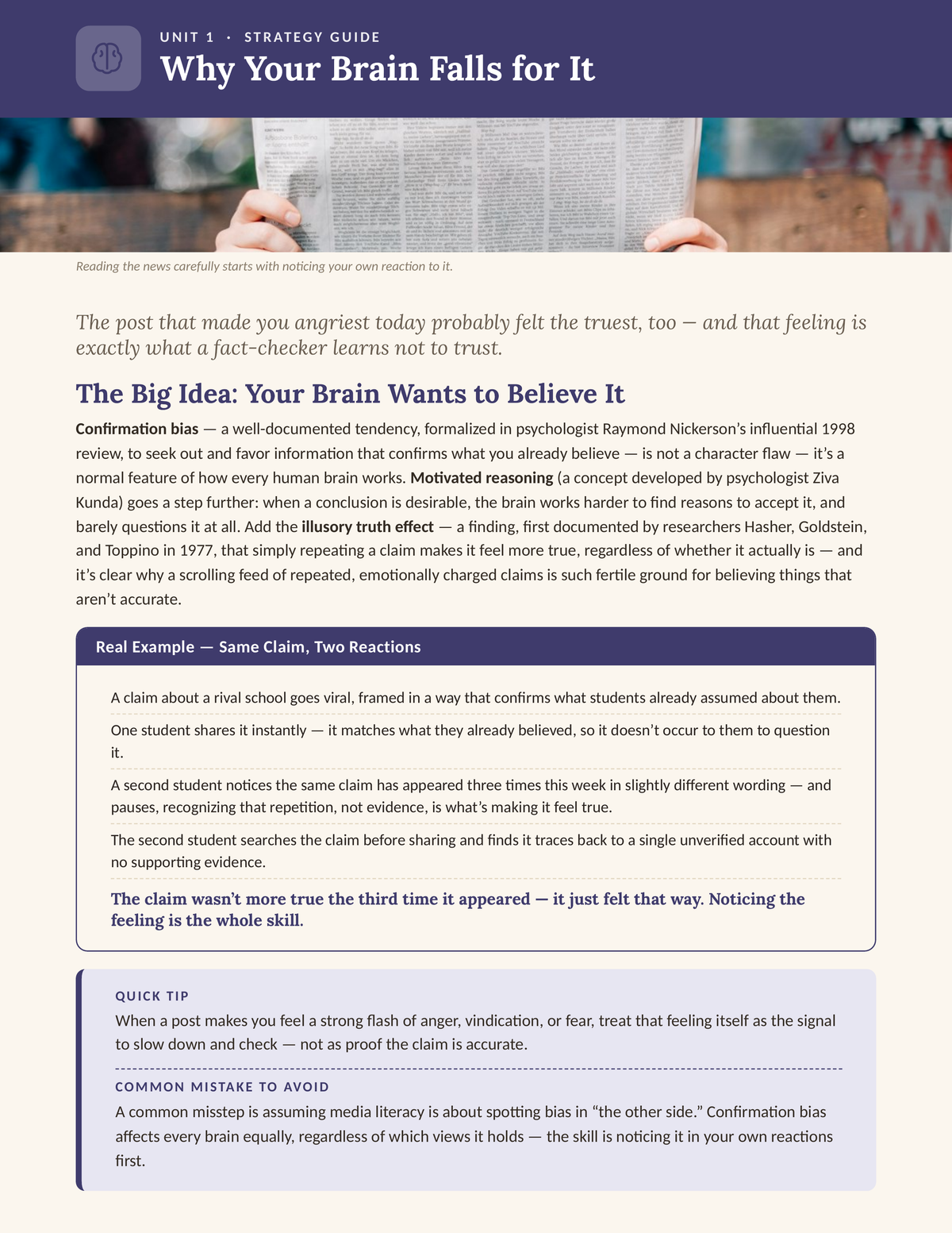 Critical Thinking Through News Analysis — Unit 1: Why Your Brain Falls for It, strategy guide with real example