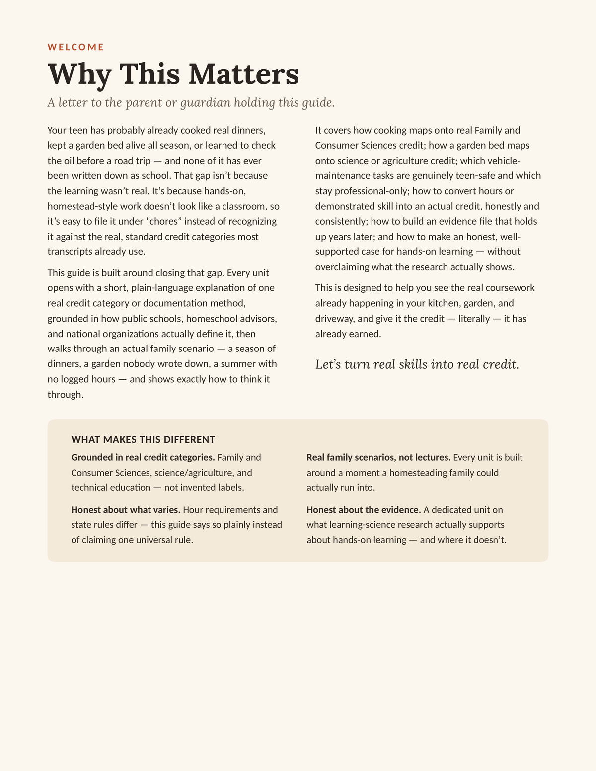 Homestead Life Skills for Teens — Why This Matters, welcome letter to parents about documenting real hands-on work as school credit