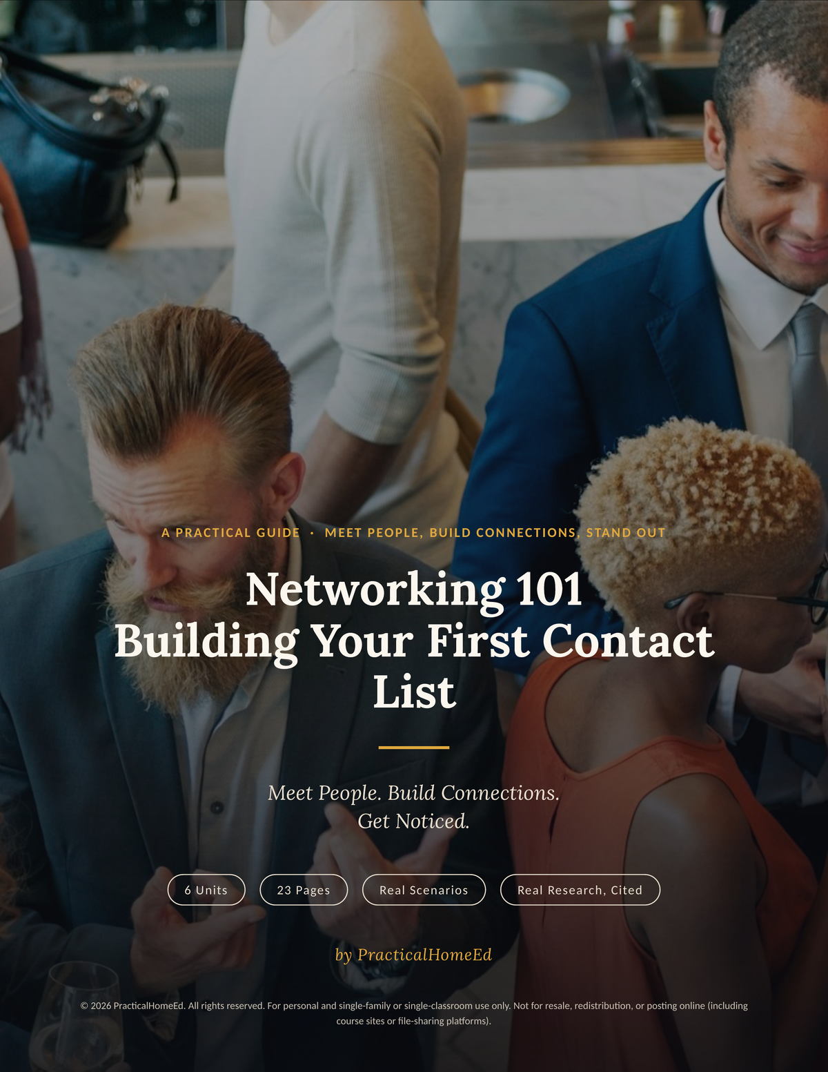 Networking 101 — Building Your First Contact List, guide cover, Meet People. Build Connections. Get Noticed.