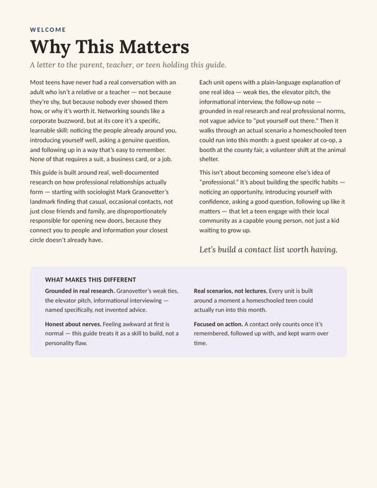 Networking 101 — Why This Matters, letter to parents about building real professional relationships