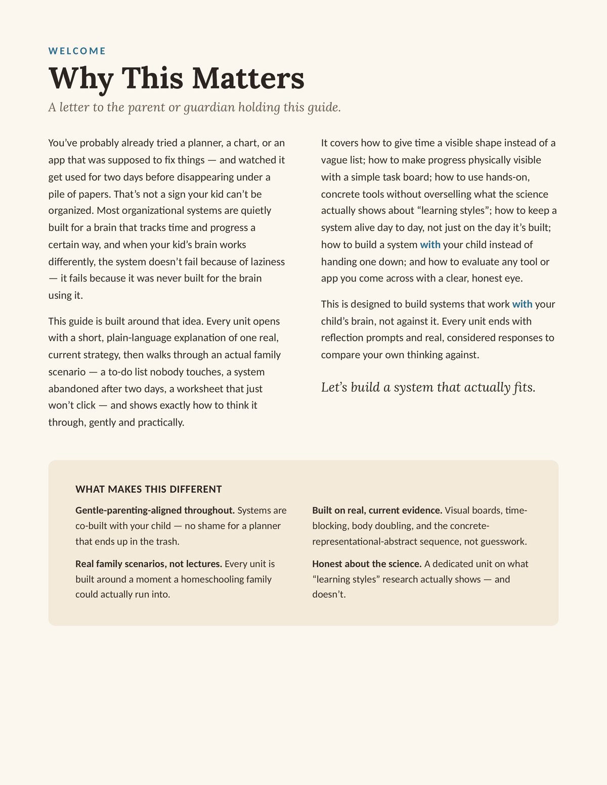 Productivity That Fits — Why This Matters, welcome letter to parents explaining the ADHD-friendly approach