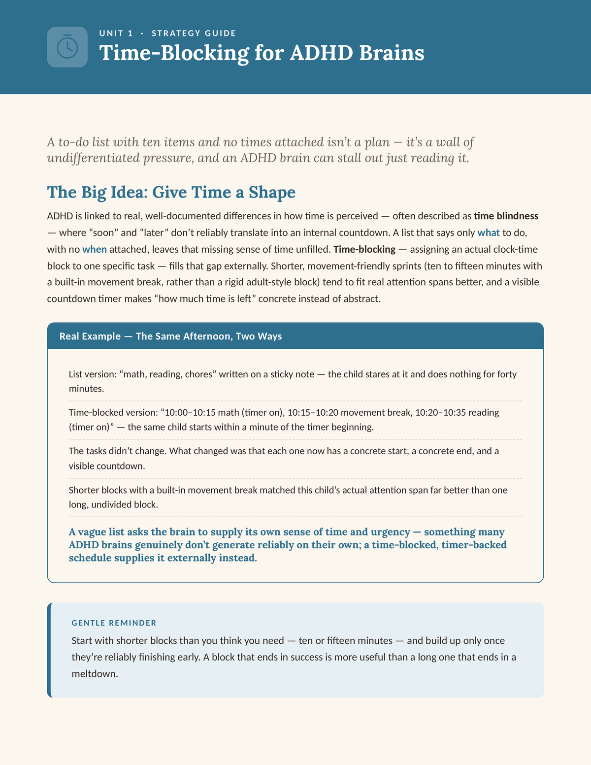 Productivity That Fits — Unit 1: Time-Blocking for ADHD Brains, strategy guide with real family example
