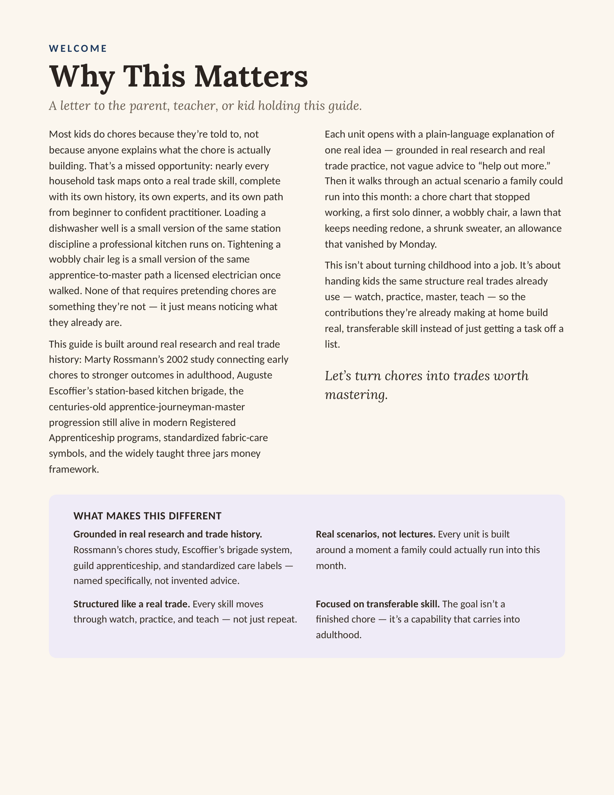 The Apprentice Model — Why This Matters, letter about turning chores into real trade skill-building