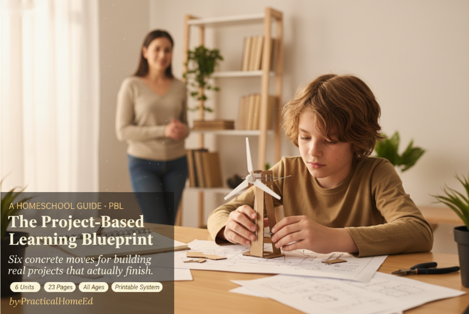 Child at a wooden table building a wind turbine model with loose papers and a notebook beside him, parent softly visible in the background. Text reads: The Project-Based Learning Blueprint — a six-unit homeschool guide at practicalhomeed.com.