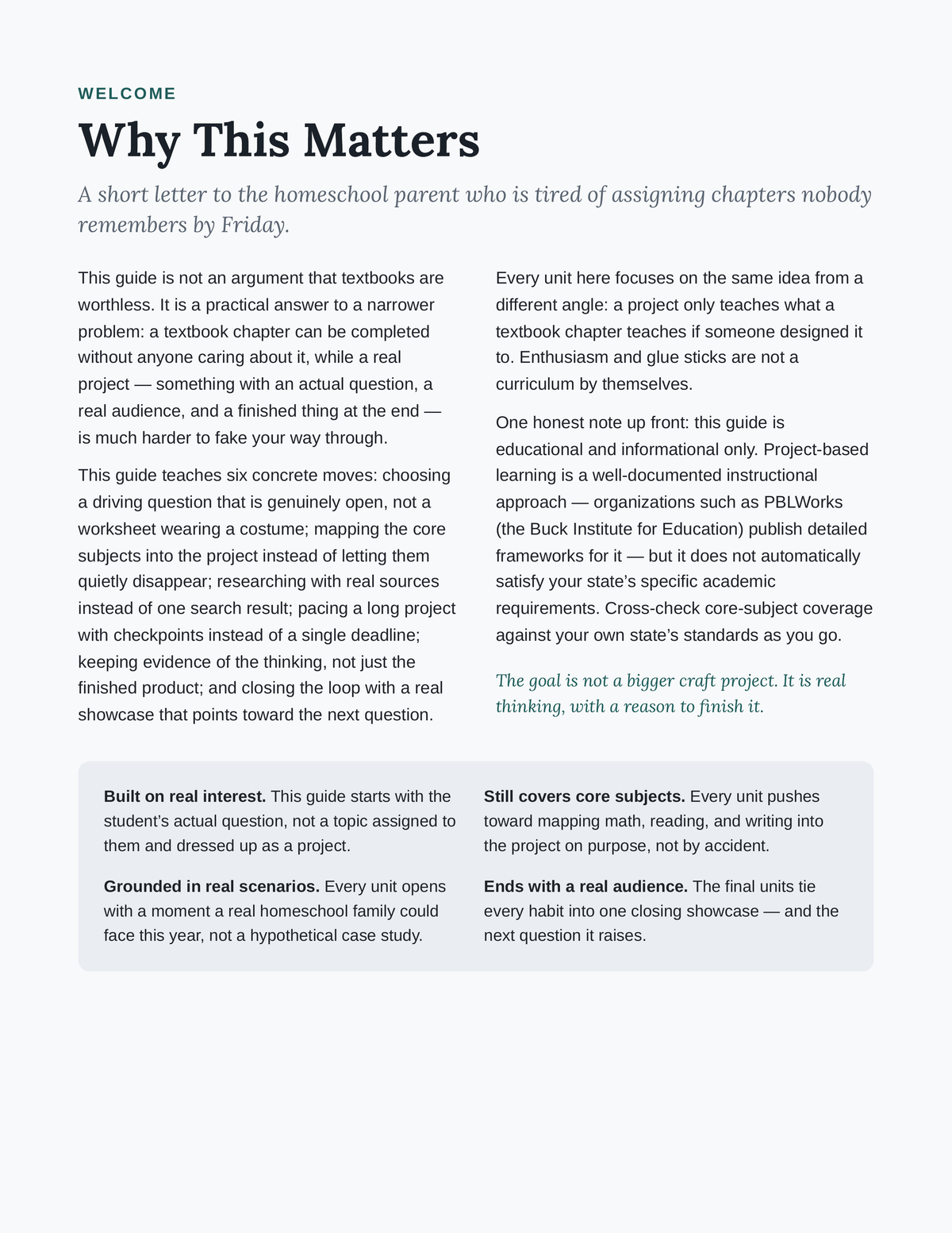 What's Inside — scope and sequence for all six units of The Project-Based Learning Blueprint