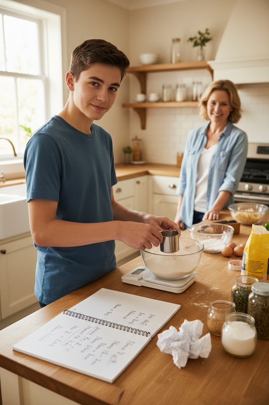 A confident teenager doing algebra calculations in the kitchen, scaling a recipe with measuring cups and a kitchen scale nearby
