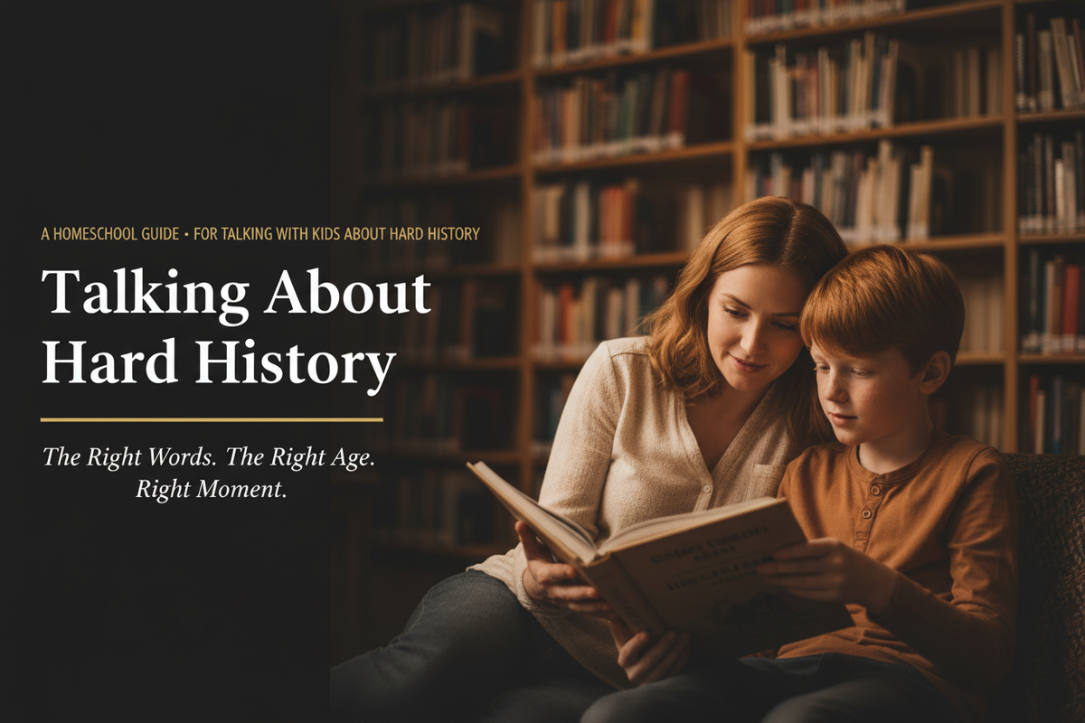 Mom and son reading together in a library — Talking About Hard History hero