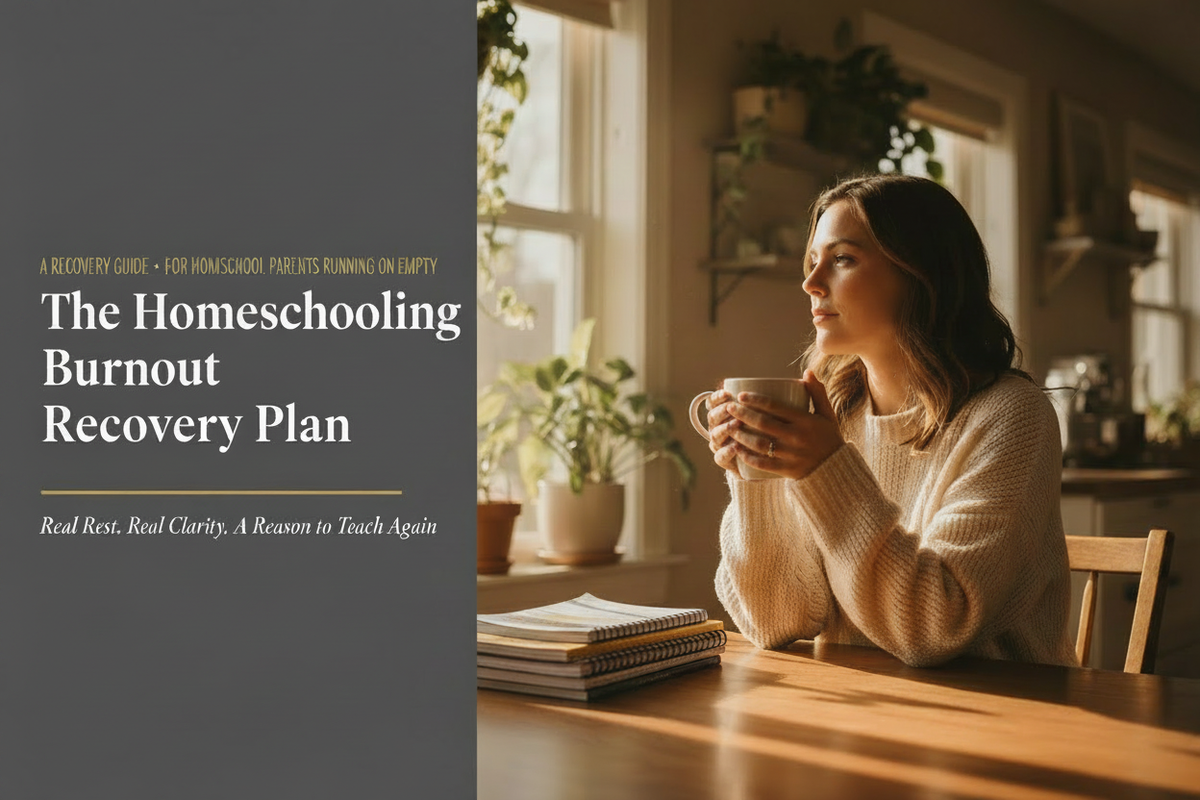Mom at kitchen table with coffee in early morning light — The Homeschooling Burnout Recovery Plan hero