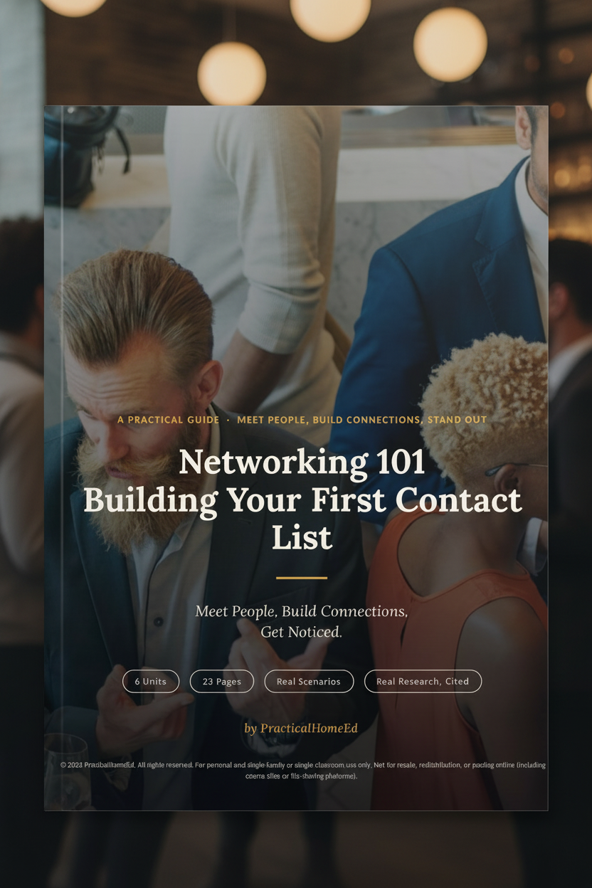 Networking 101 guide cover displayed prominently with a warm networking event scene in the background
