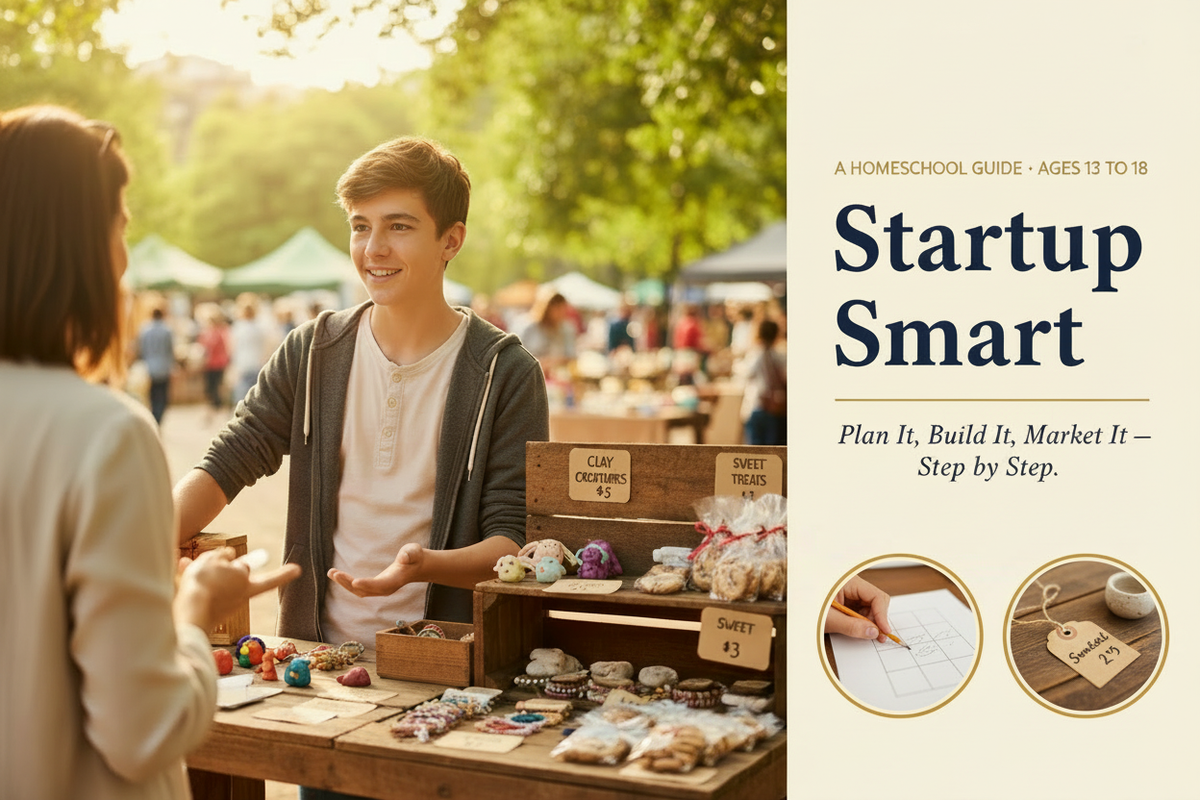 Teenage boy confidently selling at an outdoor market stall with handmade products, two vignette circles showing business planning and price tagging