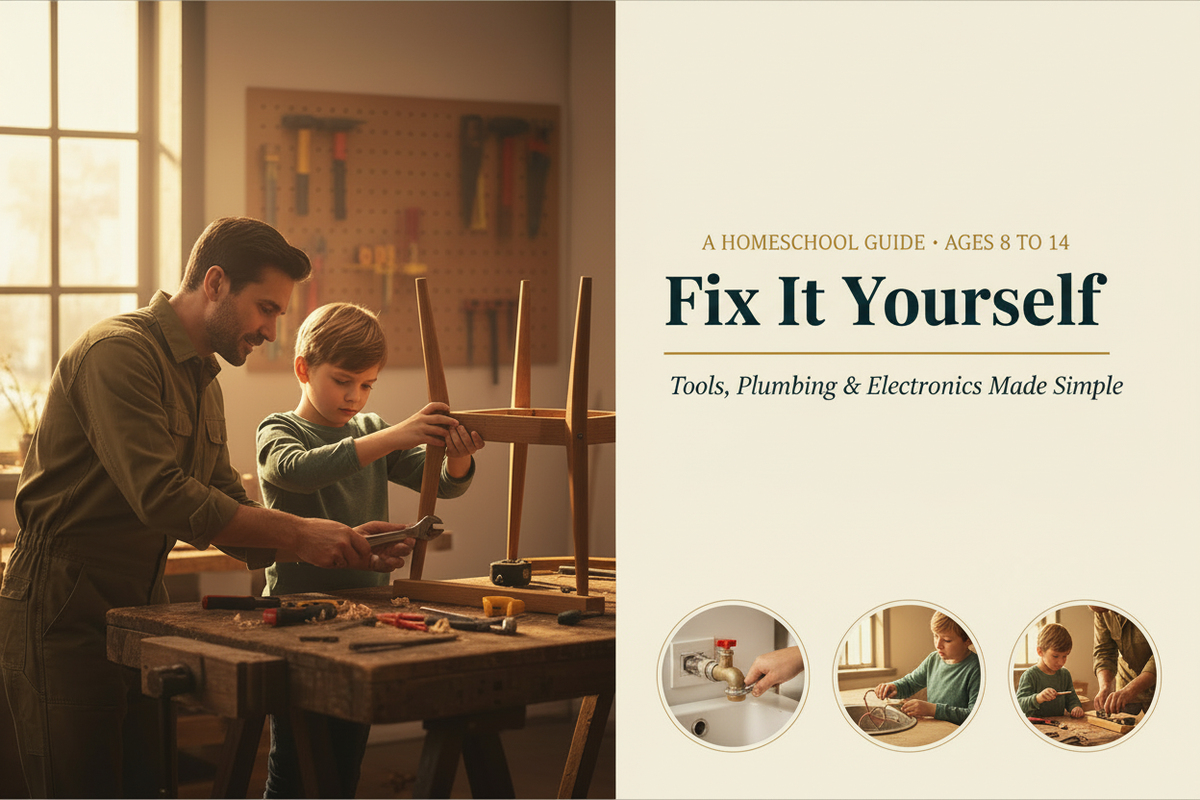 Dad and child repairing a chair together in a warm workshop, with three vignettes showing hands-on home repair activities