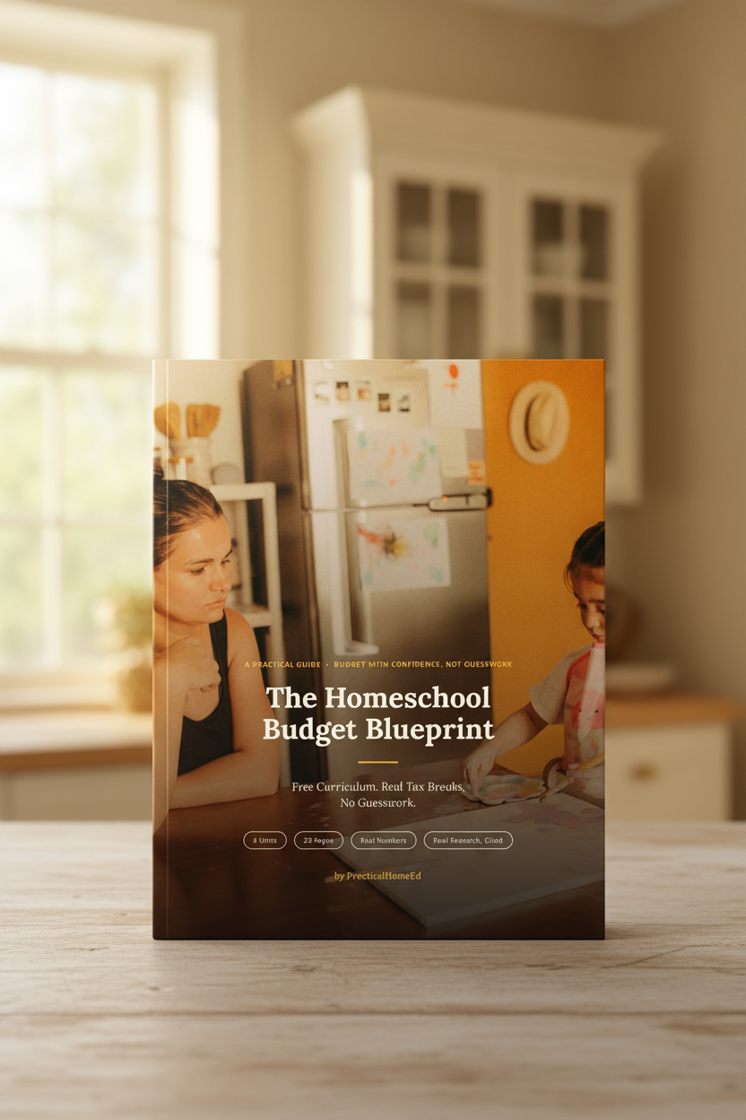 The Homeschool Budget Blueprint guide displayed on a kitchen counter with warm natural light and a cozy home background