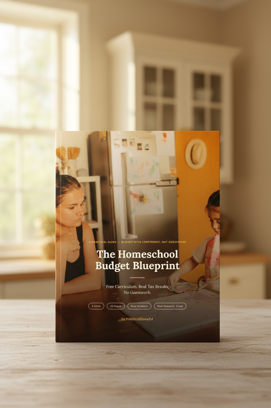 The Homeschool Budget Blueprint guide displayed on a kitchen counter with warm natural light and a cozy home background