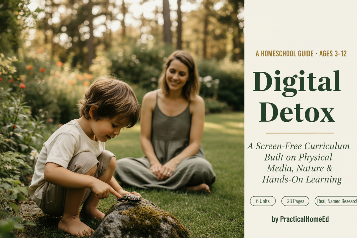 Boy examining a bug on a log outdoors while mom watches warmly — Digital Detox homeschool guide hero image