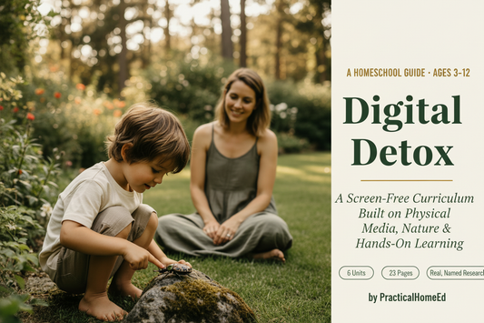 Boy examining a bug on a log outdoors while mom watches warmly — Digital Detox homeschool guide hero image