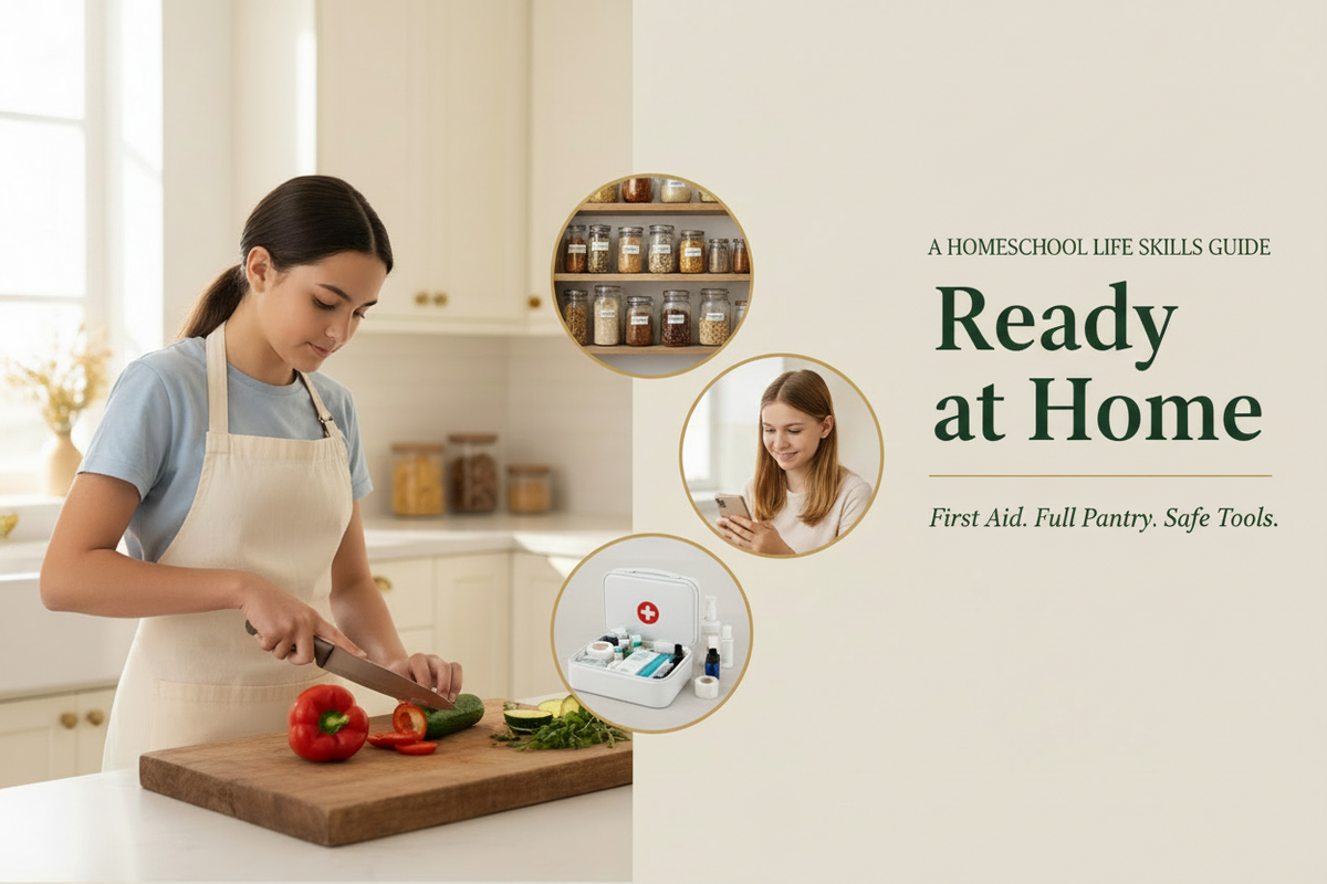 Teenage girl confidently chopping vegetables in a bright home kitchen with oval vignettes showing a stocked pantry, first aid kit, and teen with a phone