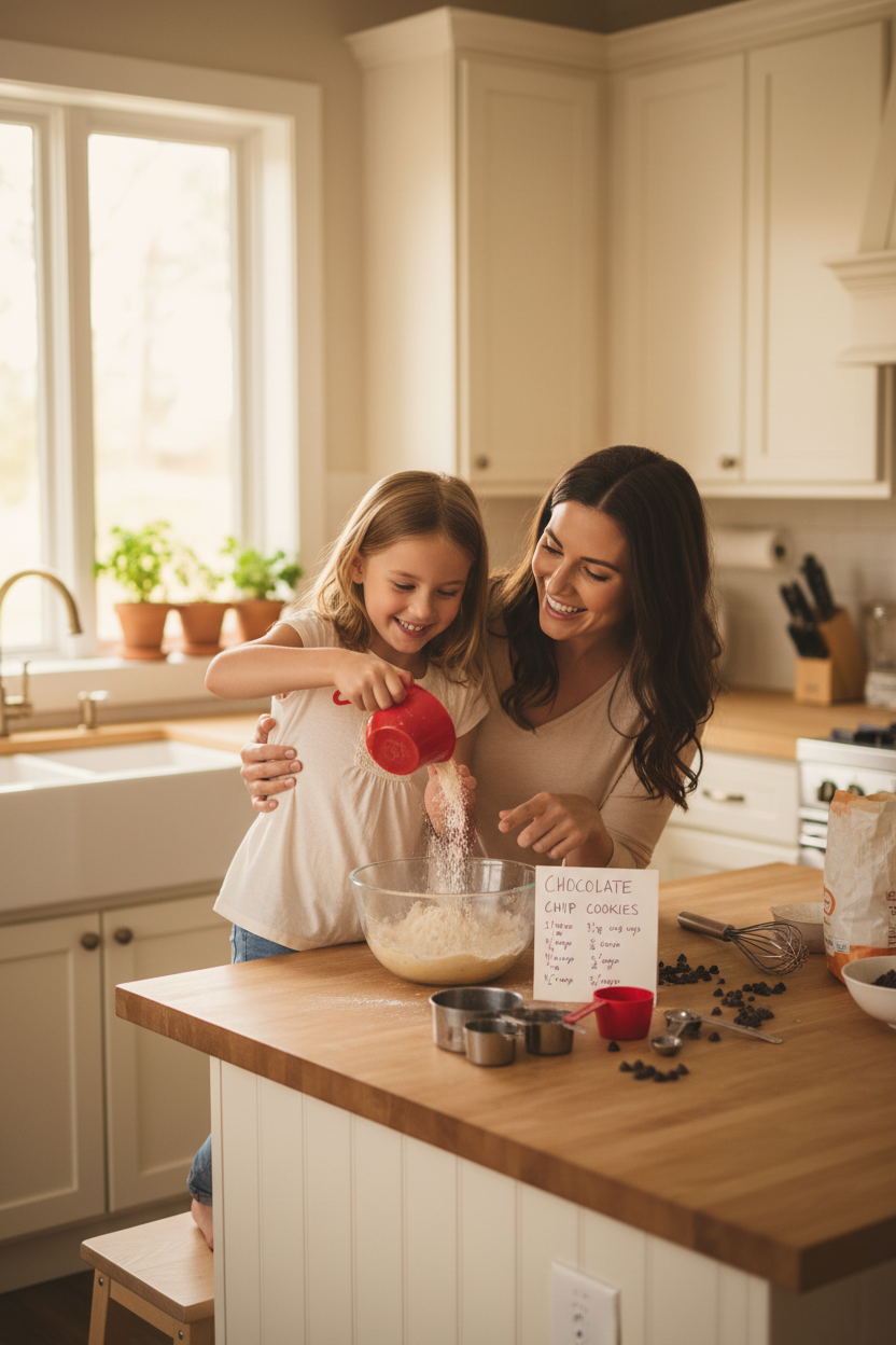 A young child and parent smiling together at the kitchen counter, measuring ingredients and learning math through cooking