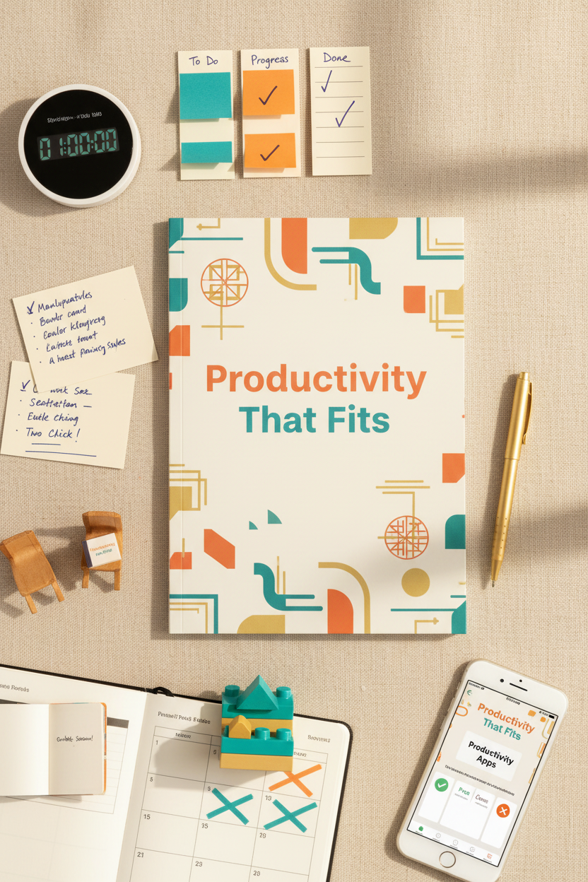Flat lay of the Productivity That Fits guide surrounded by sticky notes, a countdown timer, index cards, colored pens, and a planner in teal and warm tones