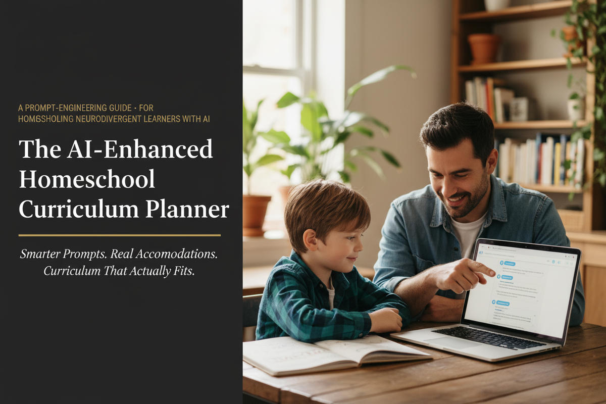 Dad pointing at laptop screen while son looks at it — The AI-Enhanced Homeschool Curriculum Planner hero