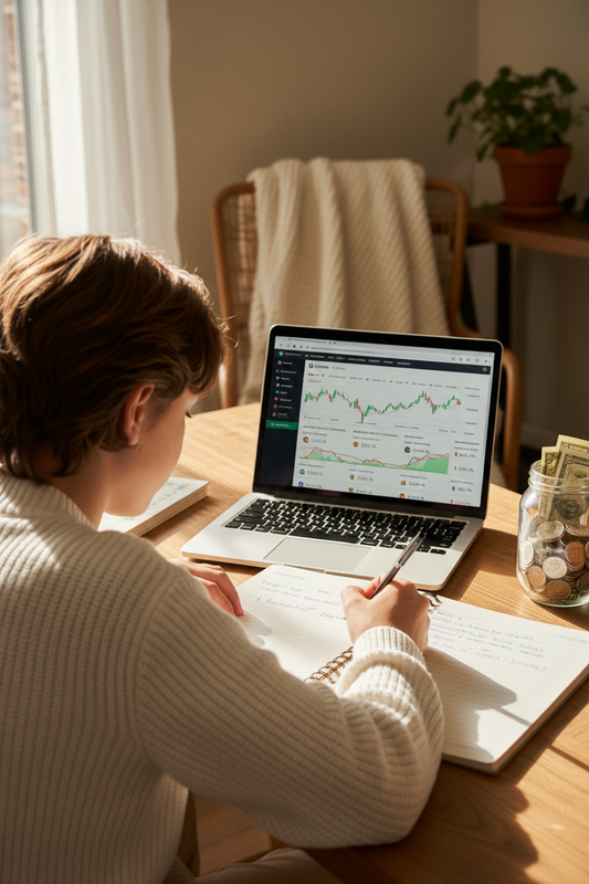 A kid studying financial literacy at a desk, reading a workbook with a Coinbase overview screen on a laptop, notes in a notebook, and a jar of cash and coins nearby