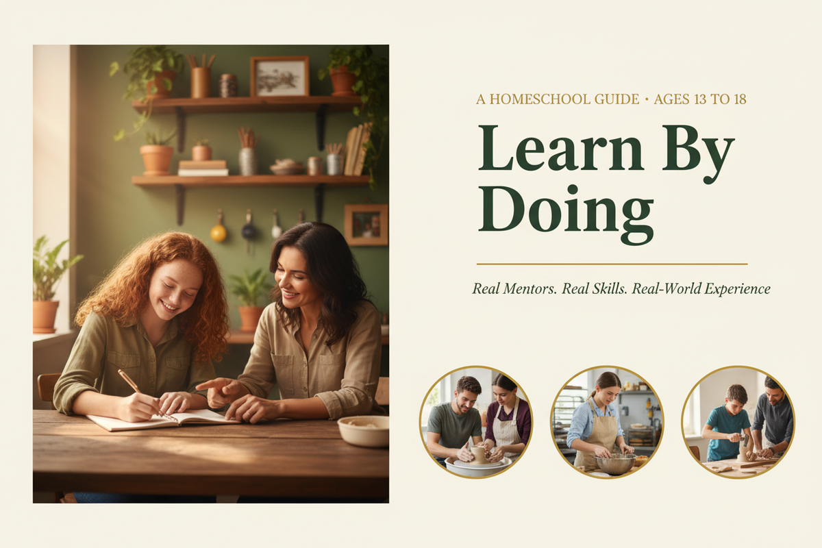 Teen girl with mentor in a warm workspace, with three vignettes showing hands-on learning experiences