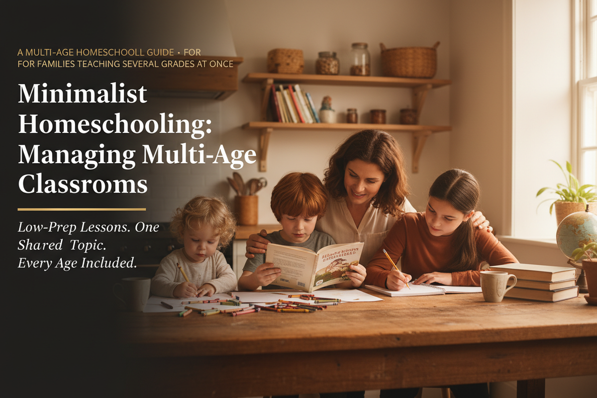 Mom teaching children of different ages at a table — Minimalist Homeschooling: Managing Multi-Age Classrooms hero