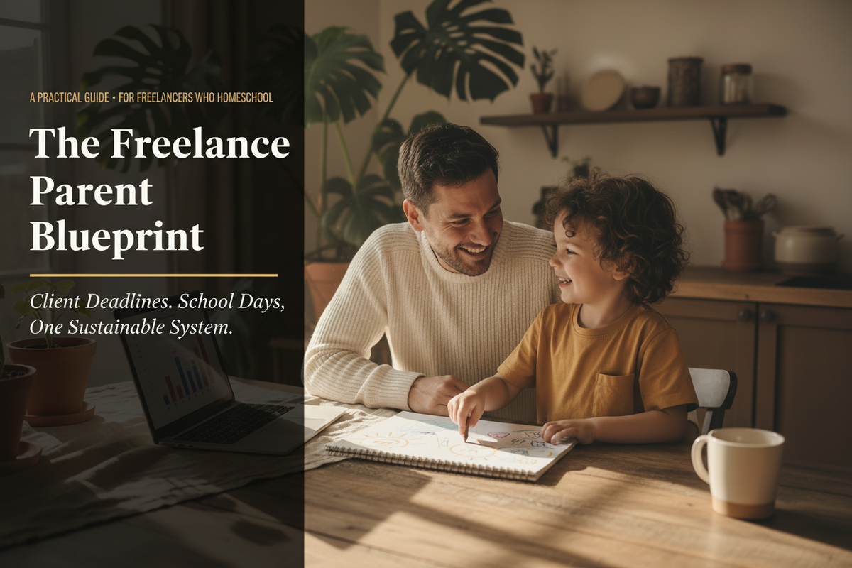Dad and child sharing a warm laugh at a table - The Freelance Parent Blueprint hero image with text overlay