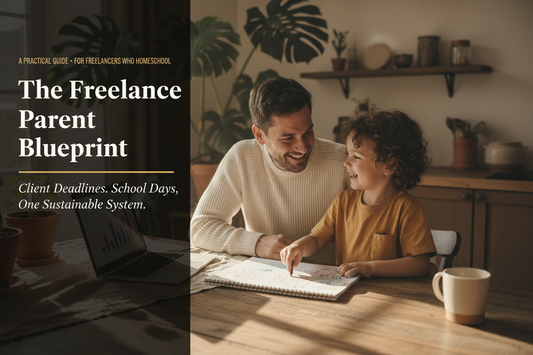Dad and child sharing a warm laugh at a table - The Freelance Parent Blueprint hero image with text overlay