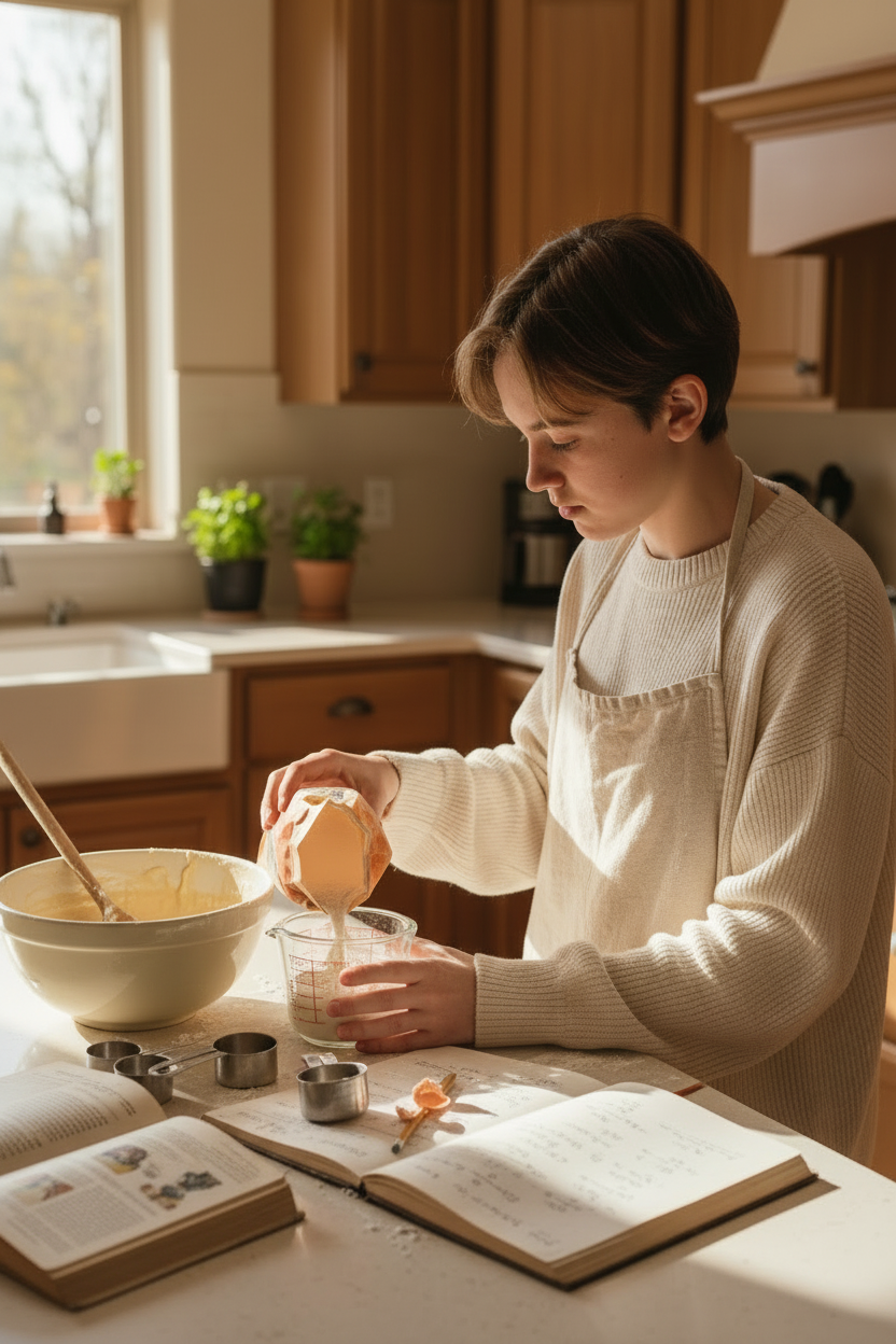 A teenager in an apron cooking at a kitchen counter surrounded by a mixing bowl, measuring cups, and a recipe book, with a math notebook and calculator nearby