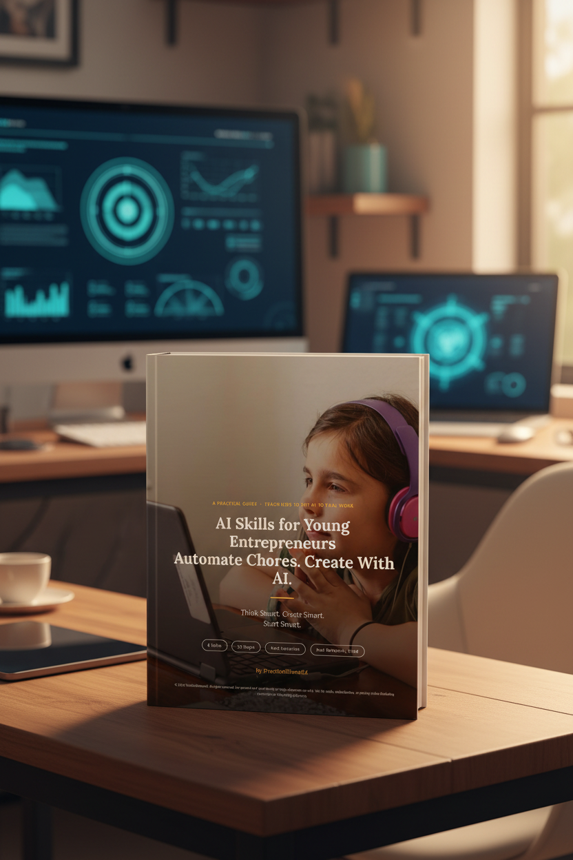 AI Skills for Young Entrepreneurs guide displayed on a desk in a warm tech-forward workspace with glowing screens in the background