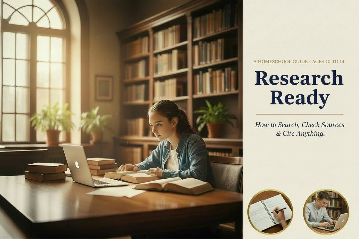 Teenage girl studying at a warm library table with laptop and books, with two vignette circles showing research activities