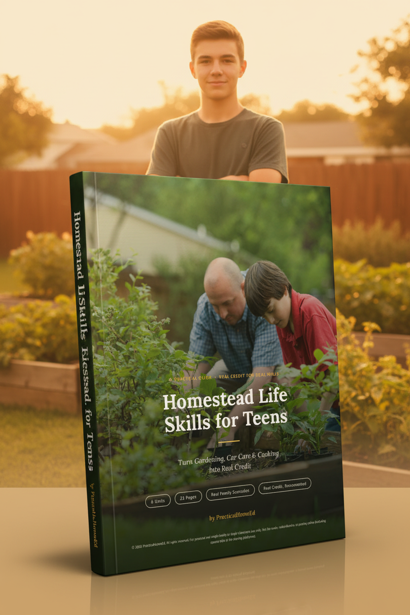 Homestead Life Skills for Teens guide cover prominently displayed with a confident teen in a golden-hour backyard garden softly in the background