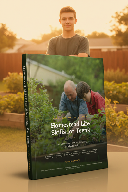 Homestead Life Skills for Teens guide cover prominently displayed with a confident teen in a golden-hour backyard garden softly in the background
