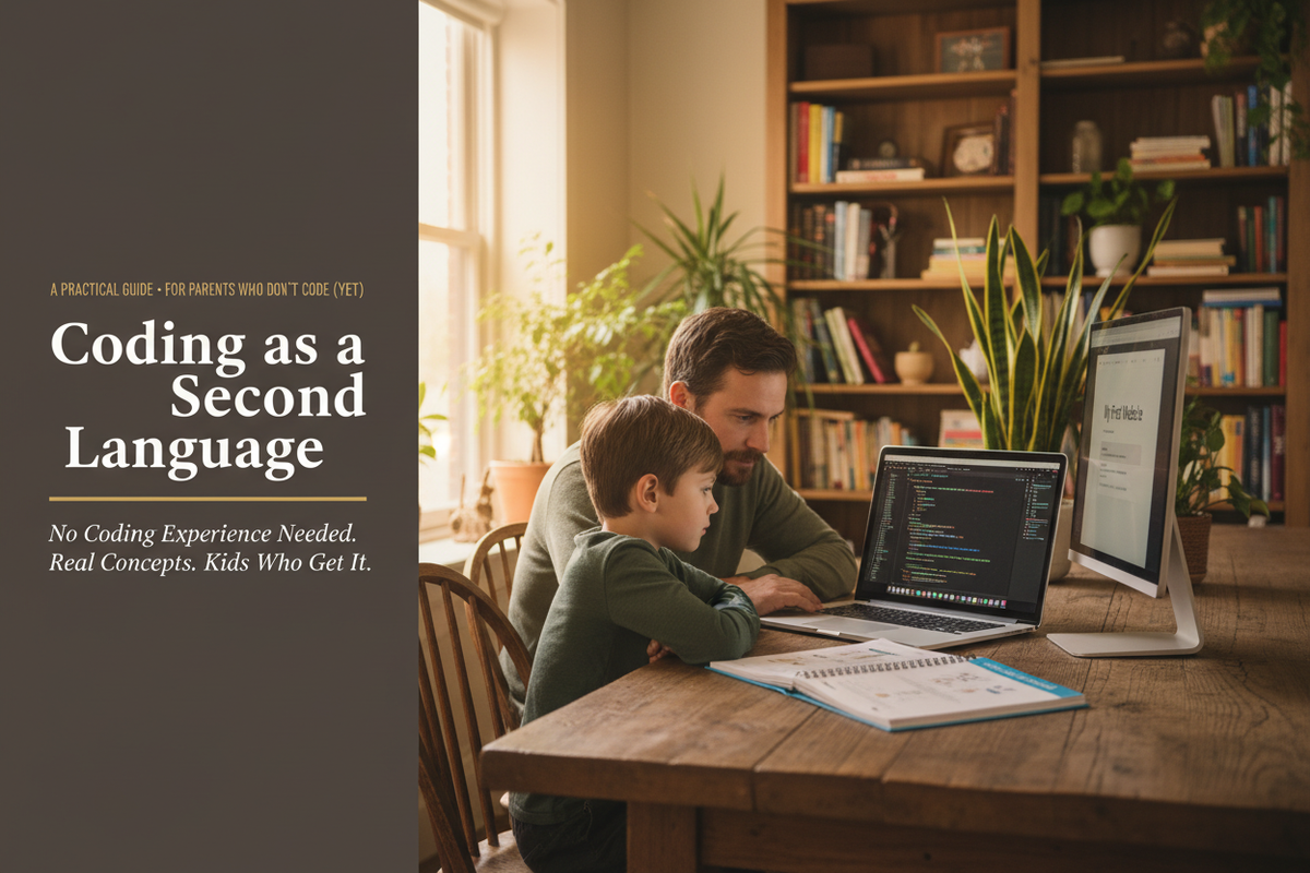 Dad and son at laptop with dual monitors showing code — Coding as a Second Language hero image