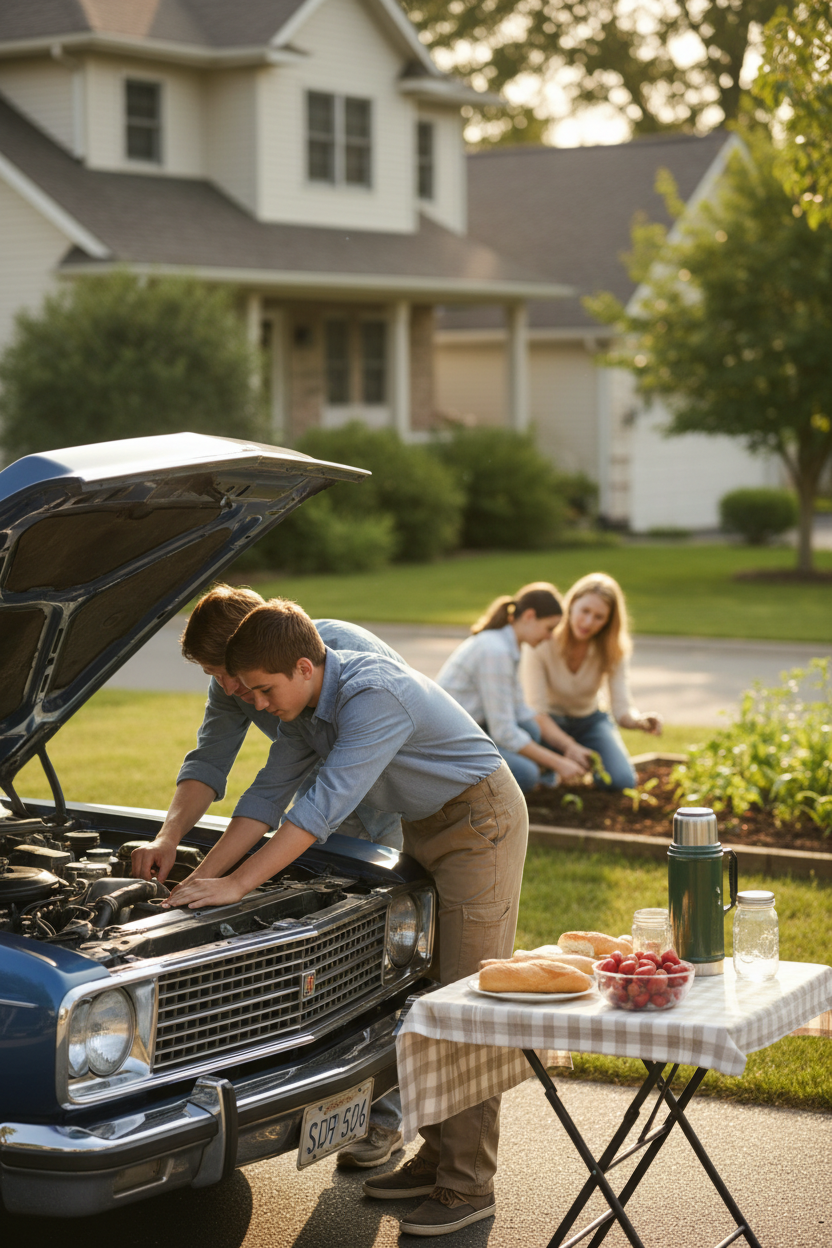 A teenage boy and his dad working on a car engine in the driveway while a mom and daughter garden in the background, with a home-cooked lunch on the workbench