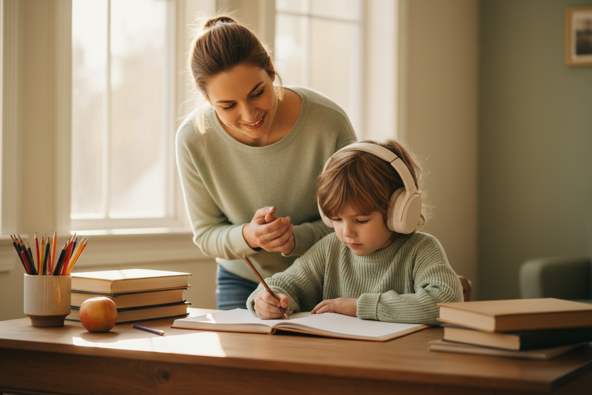 A mother smiling warmly over her child's shoulder as they work calmly with headphones on