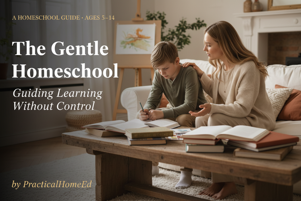 Mother sitting beside school-age child doing schoolwork, calm and present, warm natural light — The Gentle Homeschool guide by PracticalHomeEd