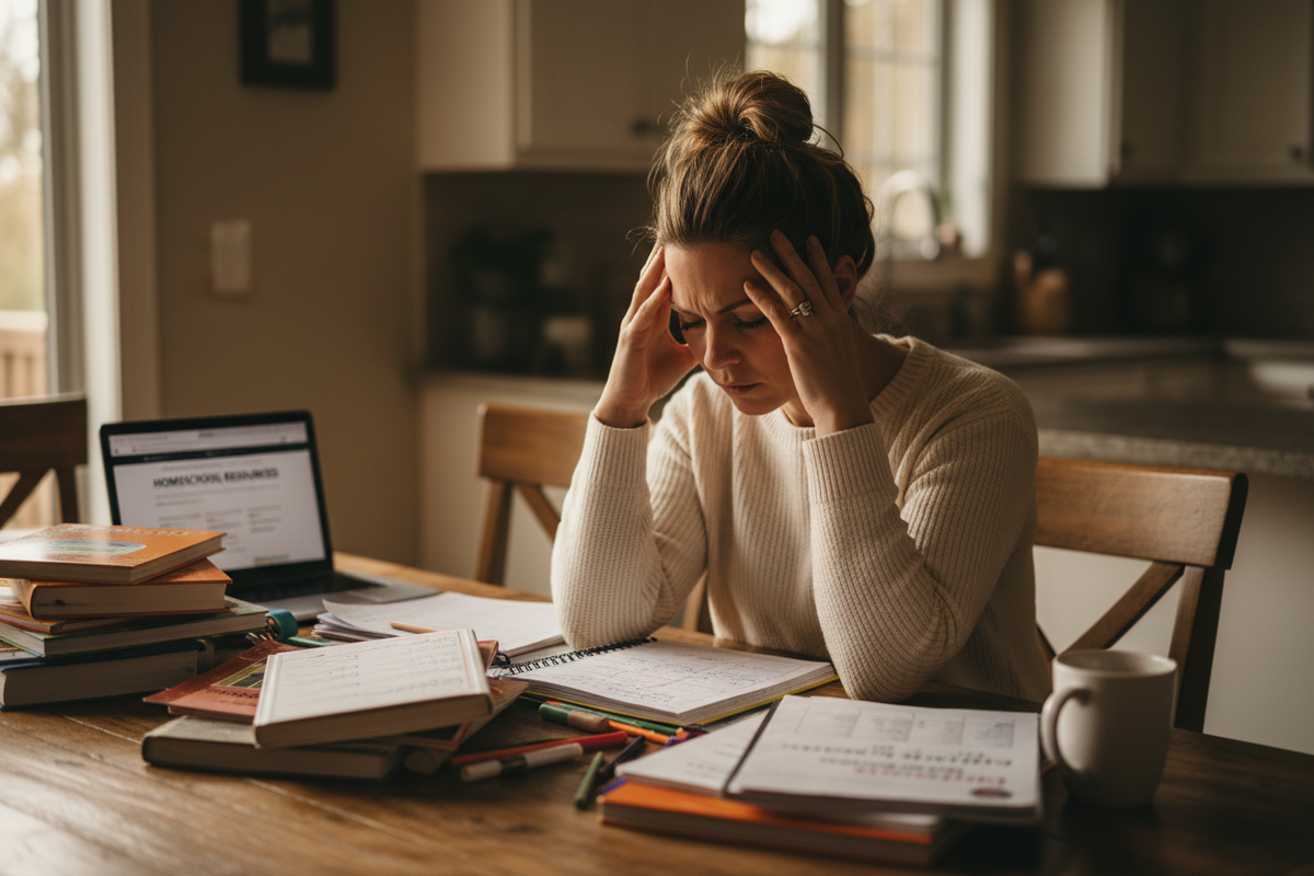 Mom sitting at a table looking overwhelmed comparing homeschool curriculum options