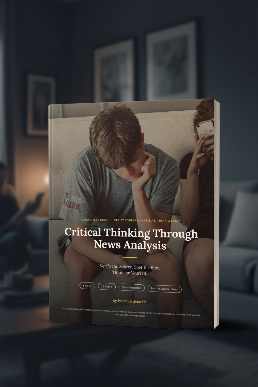 Critical Thinking Through News Analysis guide cover displayed prominently with a moody phone-glow background