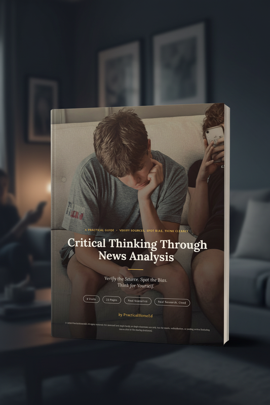 Critical Thinking Through News Analysis guide cover displayed prominently with a moody phone-glow background
