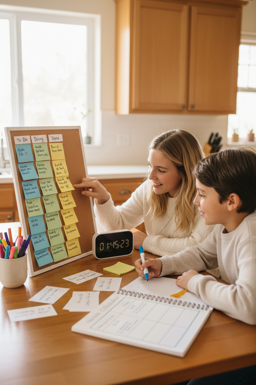 A parent and child building a sticky note Kanban board together at a kitchen table with a countdown timer and colored markers nearby
