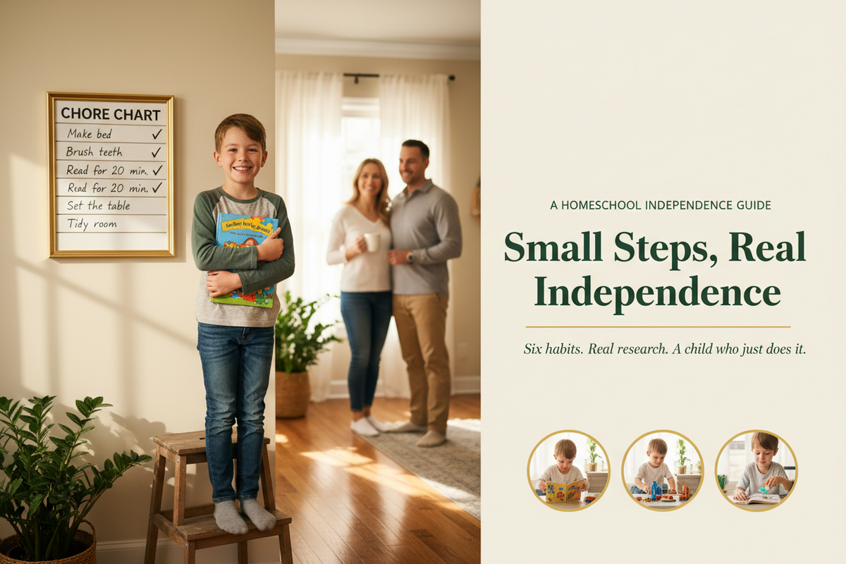 Young boy holding a children's book next to a chore chart with proud parents in the background