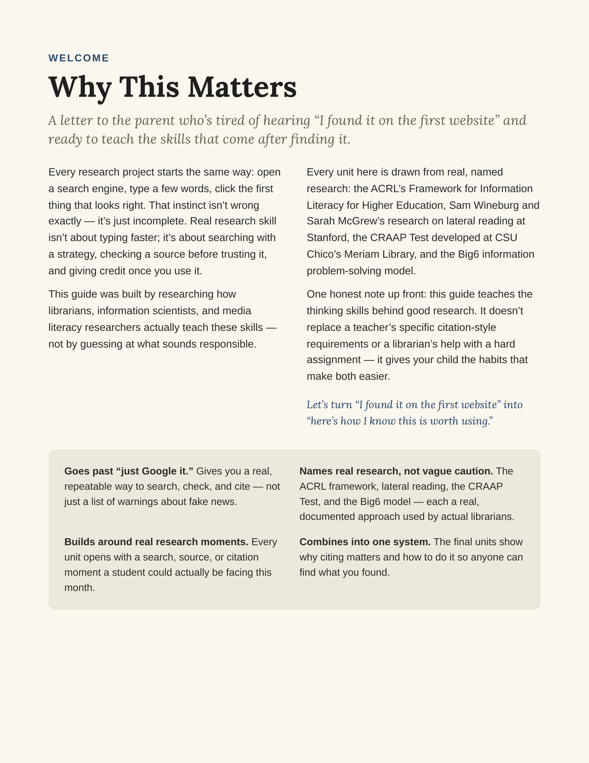 Research Ready guide how to use page showing the learning framework